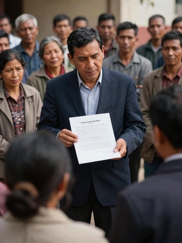 A community leader explaining a legal document to a group of attentive villagers, warm natural light, 35mm photojournalism