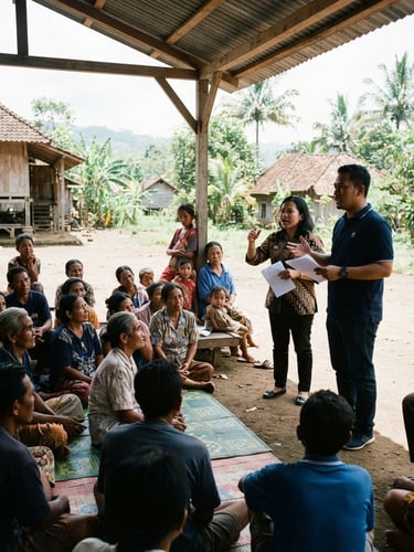 Wide environmental shot of Indonesian community advocates meeting with local citizens under high-contrast natural daylight, authentic documentary style.