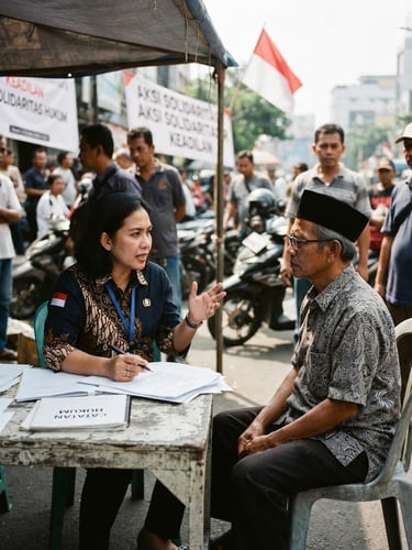 Dokumentasi aksi solidaritas hukum di Indonesia, pengacara berdiskusi dengan warga di luar ruangan, cahaya matahari natural, gaya fotojurnalisme 35mm