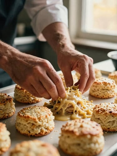 Portrait of a chef's hands carefully plating a dish of scratch-made biscuits and gravy, warm kitchen light, shallow depth of field, 35mm film look, focus on the hands and food.