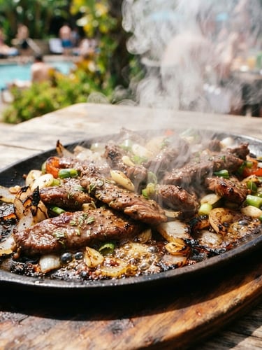 Close-up of sizzling beef on a hot iron plate with caramelized onions, steam rising, warm rustic wooden table background, vibrant outdoor lighting, 35mm