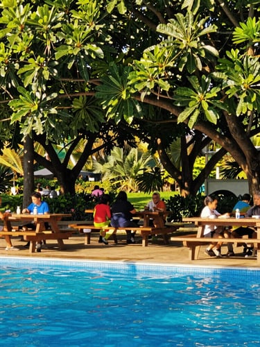 A peaceful shaded picnic area with wooden tables under large leafy trees, families chatting in the background, soft golden sunlight filtering through leaves, vibrant outdoor photography