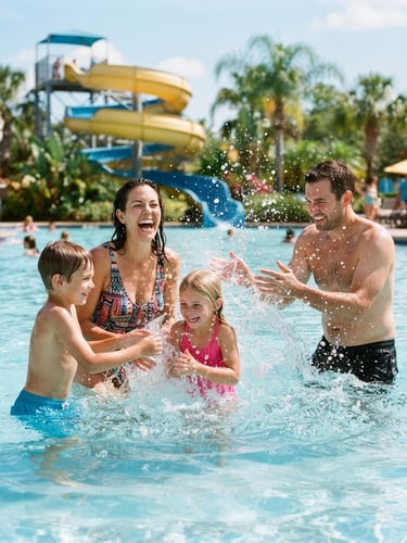 Vibrant outdoor photography, bright midday sunlight, a happy family splashing in a clear blue pool with a water slide in the background, 35mm