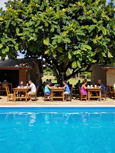 Wide environmental shot of a rustic open-air restaurant under tall green trees, wooden tables, families laughing, bright sunny day, Bahia countryside, 35mm