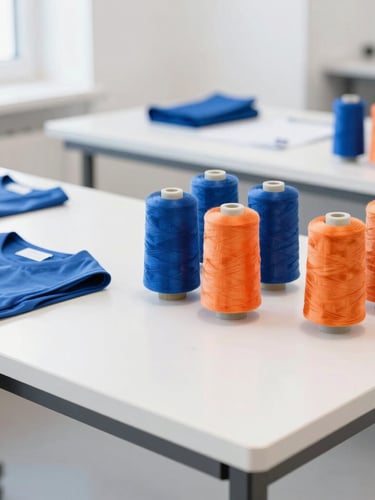 Bright, high-exposure photo of a modern, organized uniform tailoring workshop with clean worktables and organized spools of royal blue and safety orange thread, natural daylight.