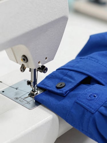 Crisp, bright close-up of heavy-duty sewing machine precision-stitching a royal blue uniform sleeve, bright daylight, sharp focus.