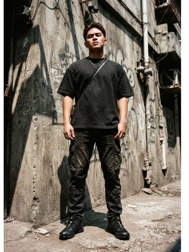 Gritty editorial streetwear photography, low-angle shot of a model wearing a heavy-weight boxy black t-shirt against a raw concrete Manila wall, harsh midday sunlight, deep shadows, 35mm film grain.