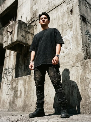 Low-angle heroic shot of a model standing against a raw concrete brutalist wall in Manila, wearing a heavy-drape black t-shirt, harsh midday sunlight, sharp shadows, 35mm film grain.