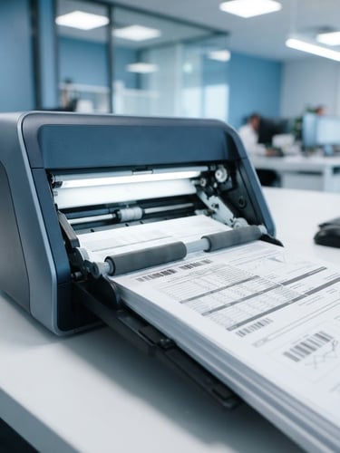 Macro shot of a high-speed document scanner in a bright, modern office, cool blue tones, sharp focus on structured paperwork feeding into the scanner