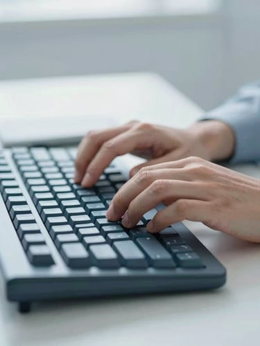 Close-up of hands typing on a mechanical keyboard in a bright, clean, neutral office environment, cool blue tones, sharp focus