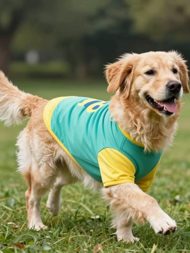 A happy golden retriever running joyfully in a sunny park wearing a colorful teal and yellow handcrafted shirt, bright natural daylight, vibrant lifestyle pet photography, shallow depth of field