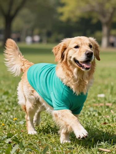A happy, smiling golden retriever wearing a vibrant teal handcrafted shirt, running through a sunny park, bright natural daylight, 35mm