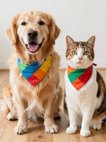A joyful golden retriever and a calico cat sitting together on a bright wooden floor, wearing matching colorful handcrafted bandanas, warm natural morning light, eye-level shot