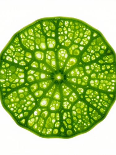 High-key studio photography of vibrant green plant cellular structure under a microscope, bright white background, ultra-sharp focus, clinical aesthetic