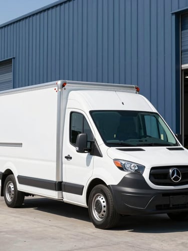 A clean white delivery vehicle parked outside a modern commercial warehouse in Jerome Idaho, bright natural daylight, crisp focus, 35mm