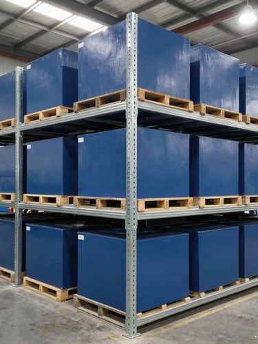 Wide shot of organized warehouse racking with clean blue and steel parts boxes, bright industrial overhead lighting, 35mm