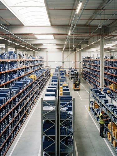 Wide environmental shot of organized warehouse racking filled with pristine boxed automotive components, bright natural daylight mixed with clean industrial overheads, sharp focus, 35mm
