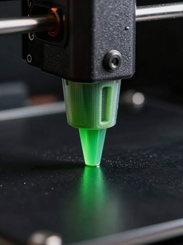 Extreme close-up of a 3D printer nozzle extruding toxic green filament onto a matte black bed, moody low-key studio lighting with sharp green reflections, highly detailed plastic texture.