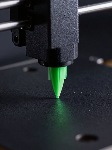 Macro close-up of a 3D printer nozzle extruding bright cyber-green filament on a dark textured bed, moody low-key studio lighting with sharp directional highlights.