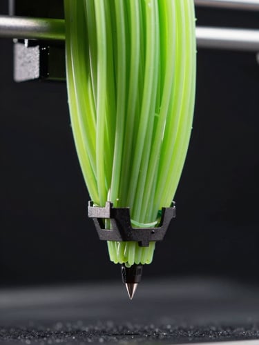 Extreme close-up of a 3D printer nozzle extruding neon green filament, dark background, moody studio lighting catching the edges of the plastic, high-contrast.