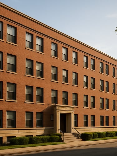 Wide street-facing shot of a well-maintained multi-family apartment building exterior, warm natural daylight, leafy neighborhood context visible on the right edge, slight upward angle emphasizing building height, clean brick facade