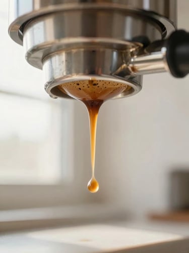 Macro detail of rich espresso extraction dripping from a bottomless portafilter, warm morning window light, golden crema, shallow depth of field