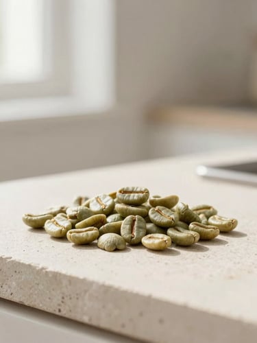 Tactile shots of raw green and roasted coffee beans on a light stone surface, soft morning side-light, clean minimalist kitchen framing