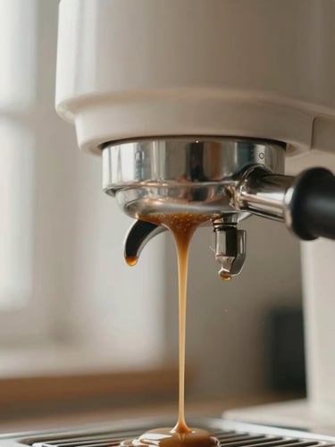 Close-up of espresso extraction with rich crema dripping from a bottomless portafilter, warm editorial photography, soft morning window light, shallow depth of field