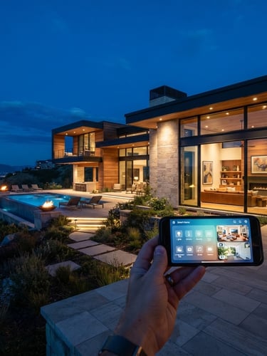 Wide shot of a modern luxury home exterior at twilight, architectural lighting illuminating the facade, a person's hand holding a smartphone with a smart home interface visible, subtle glow from inside the house, deep blue hour sky, sharp focus on the home's design.