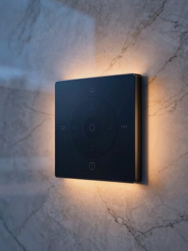 Close-up of a sleek, minimalist smart home control panel integrated into a high-end marble wall, light reflecting off the surface, architectural shadows, warm interior lighting.