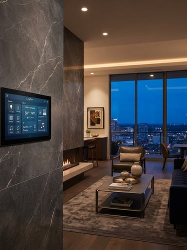 Interior de una residencia de lujo moderna al anochecer, con iluminación arquitectónica encendida. Un panel de control táctil elegante se integra discretamente en una pared de mármol, mostrando un ambiente cálido y sofisticado. El cielo azul crepuscular es visible a través de grandes ventanales.