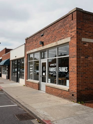 Wide street-level view of a modest brick storefront on a quiet commercial block, overcast daylight, hand-painted signage visible through the window, empty sidewalk in foreground, neighboring shops receding to the left