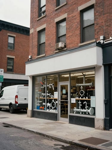 Wide street-level view of a plumbing supply storefront on a Chicago block, overcast daylight, brick facade visible, service van parked outside to the left, minimal pedestrian traffic, neutral and matter-of-fact