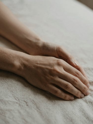 Extreme close-up of hands in repose resting on soft linen, diffused morning light, desaturated earth tones, shallow depth of field