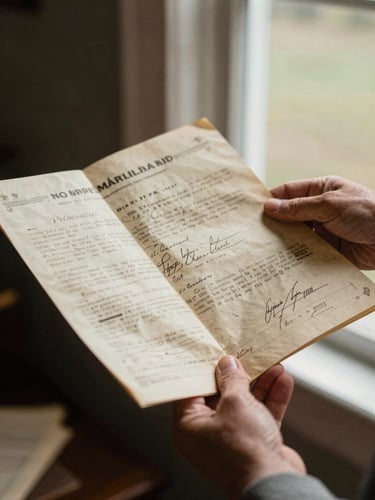 Close-up of hands holding a historic property deed under soft window light, rich earthy tones, shallow depth of field, authentic 35mm documentary style