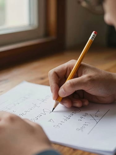 A close-up of a student's hands holding a pencil, drafting math formulas on paper under warm window light, shallow depth of field, 35mm documentary style