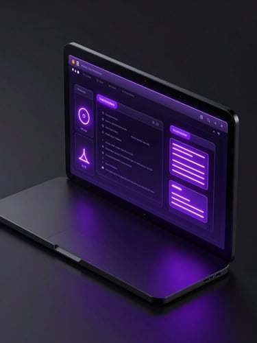 Sleek 3D device mockup showing a dark web interface with glowing electric violet accents, isometric angle, futuristic high-contrast studio light