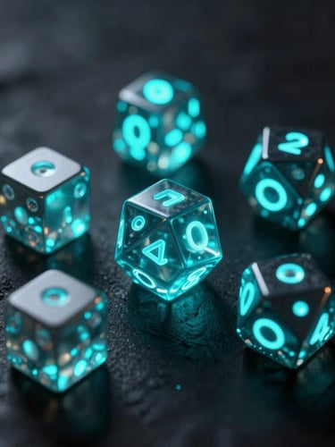 Cinematic 3d render of glowing neon cyan polyhedral dice on a dark obsidian surface, high contrast chiaroscuro, moody atmospheric lighting, dark fantasy digital art