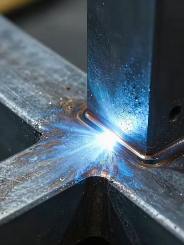 A close-up macro shot of a clean, uniform TIG weld bead on a heavy steel structural joint, cool blue industrial light casting sharp shadows on the metallic texture.