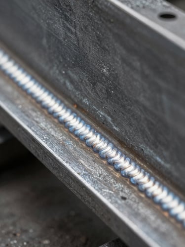 Macro detail shot of a clean, uniform dual-shield MIG weld bead on a structural steel I-beam, cool high-contrast industrial lighting, metallic textures.