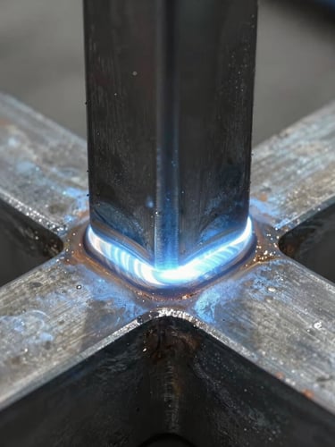 Close-up of a clean, uniform dual-shield MIG weld bead on a structural steel joint, cool blue arc light reflection, macro detail