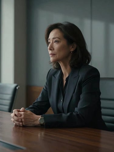 Cinematic editorial portrait of a focused 50-year-old female executive in a modern high-rise boardroom, natural side-lighting, rich desaturated tones, deep contrast, 35mm lens.