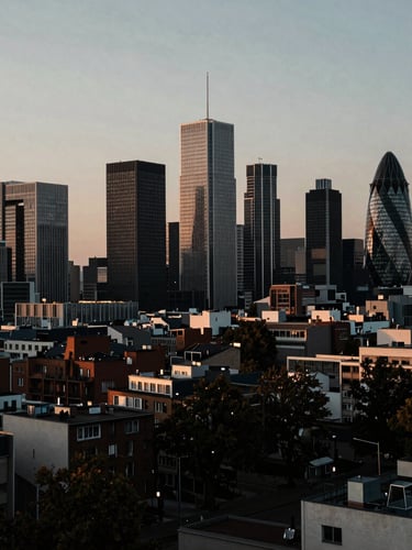 Wide environmental shot of a modern European city skyline at dusk, rich desaturated tones, high contrast, 35mm lens documentary style.