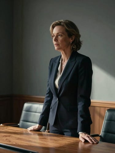 Cinematic editorial portrait of a focused 50-year-old female executive in a sunlit London boardroom, natural side-lighting, rich desaturated tones, 35mm lens.