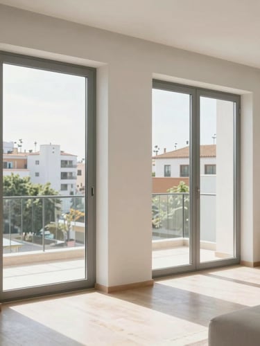 Bright modern Spanish living room with large double-glazed windows, morning sunlight casting soft shadows, clean architectural lines, 35mm photography