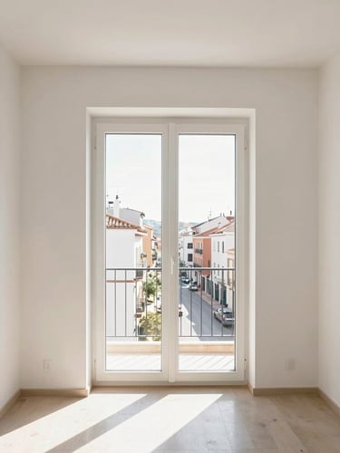 Bright architectural photography of a modern Spanish apartment living room, natural morning daylight coming through double-glazed windows, clean lines, 35mm