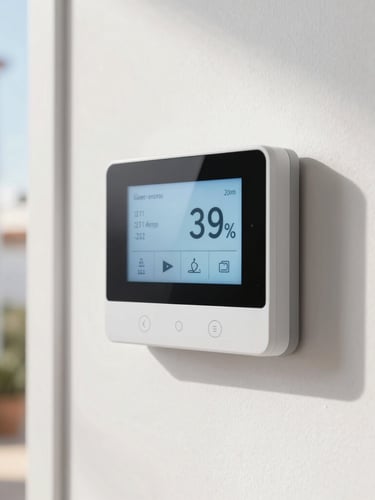 Close-up of a sleek modern smart thermostat mounted on a clean white wall, displaying a temperature reading, soft natural side lighting.