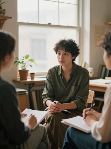 A collaborative 1:1 meeting between a business owner and a financial advisor in a warm, sunlit local workshop, natural window light, 35mm film style.