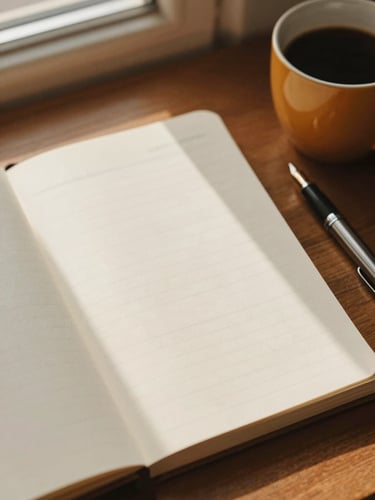 Overhead desk layout with a clean physical ledger, a fountain pen, and a warm cup of coffee, soft window light casting long shadows on warm cream paper.
