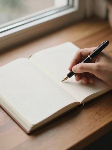 Overhead desk layout with a physical ledger, hands writing notes with a fountain pen, soft natural window light, warm editorial photography style